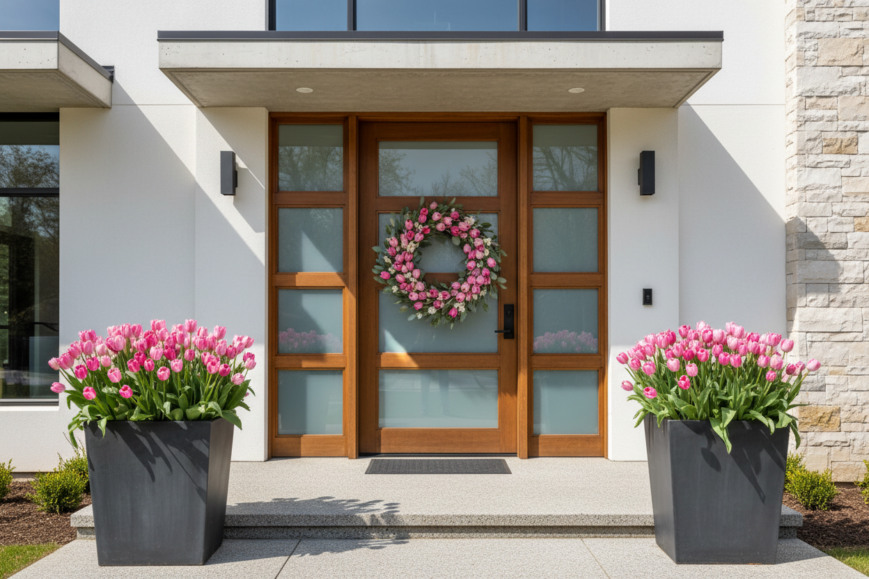 A modern home with two planters outside the door with luscious pink tulips and a floral wreath on the door